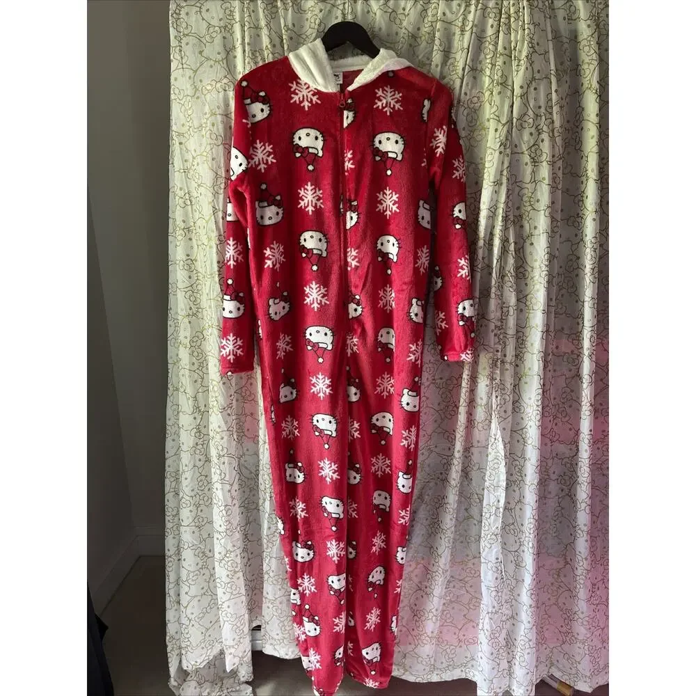 Hello Kitty Christmas Pajamas Hooded One Piece Red Jumpsuit Small S 2023 Sanrio